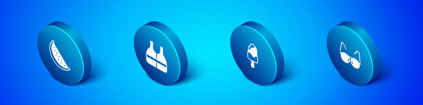 设置等距西瓜，冰淇淋，眼镜和救生衣图标。向量图片下载