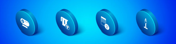 设置等距网络摄像头，空气加湿器，吸尘器和智能电水壶图标。向量图片下载