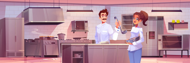 厨师对专业餐厅厨房矢量图片下载