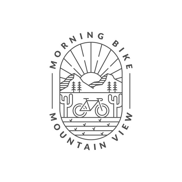 早晨山地自行车徽章矢量插图。山地和自行车单线或线条艺术风格图片下载