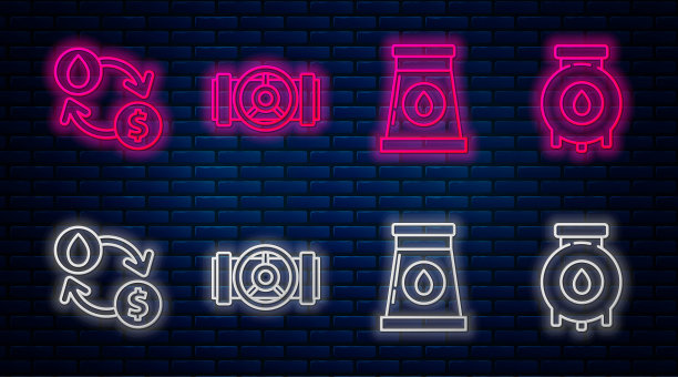 集线工业金属管道及阀门、石油天然气工业厂房、换油、换水、转换。砖墙上发光的霓虹灯图标。向量图片下载