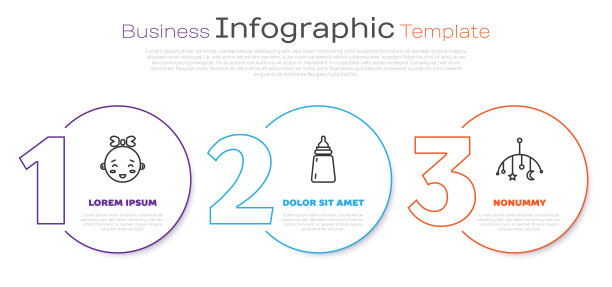 系列快乐小女孩头，婴儿奶瓶和婴儿床挂玩具。业务信息图表模板。向量图片下载
