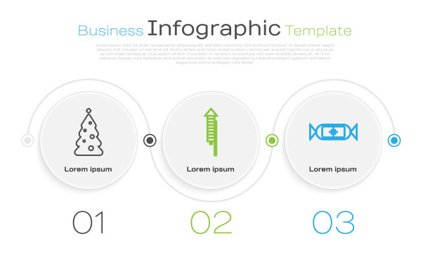 布置圣诞树，装饰，烟花，火箭和糖果。业务信息图表模板。向量图片下载