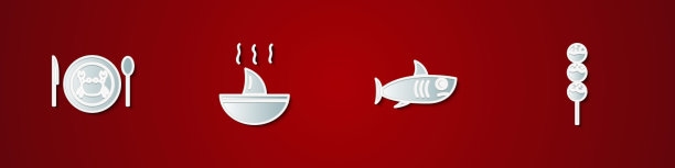 盘上蟹，鱼翅汤，章鱼烧棒图标。向量图片下载