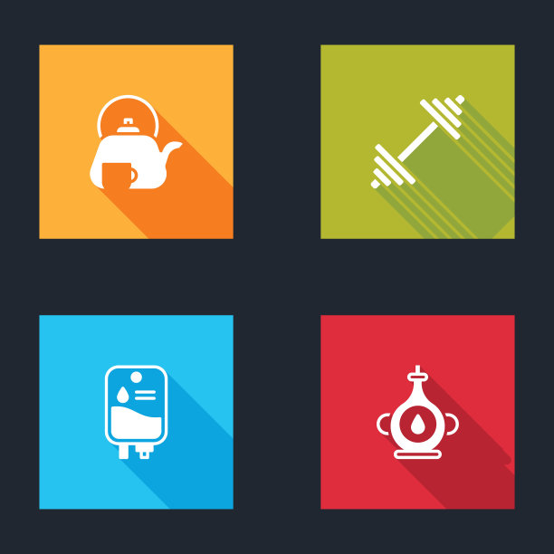 集茶壶与杯子，哑铃，静脉输液袋和油瓶图标。向量图片下载