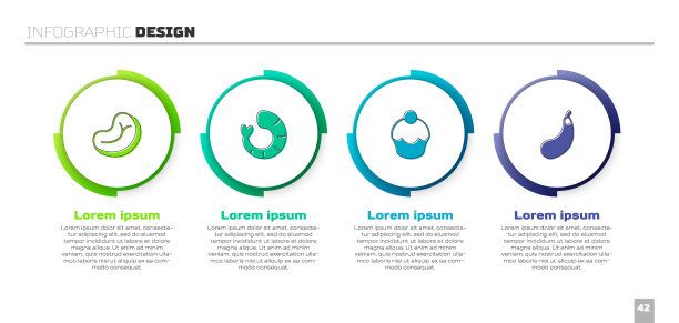 牛排肉，虾，松饼和茄子。业务信息图表模板。向量图片下载