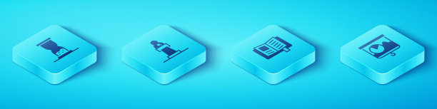 设置等距沙漏与沙子，扬声器，黑板图表和阅读书籍图标。向量图片下载