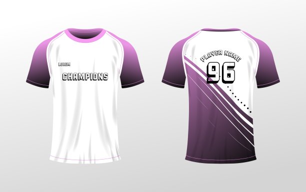 运动t恤模型。平面，颜色，t恤布局，编号96,t恤模型的正面和背面，空间为您的标志。矢量图标图片下载