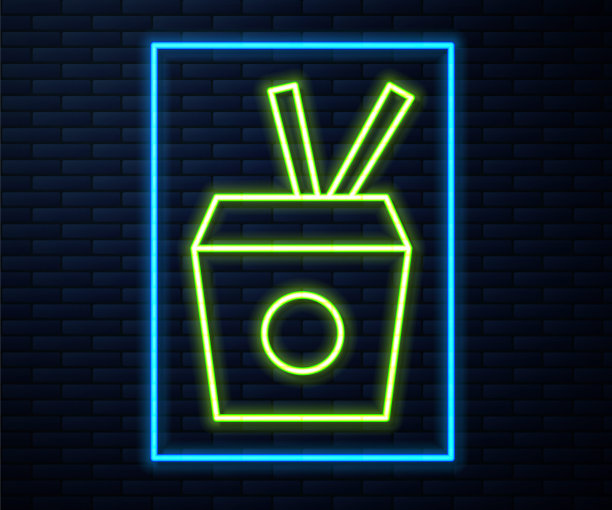 发光的霓虹线亚洲面条在纸盒和筷子图标孤立的砖墙背景。街头快餐。韩国菜、日本菜、中国菜。向量图片下载