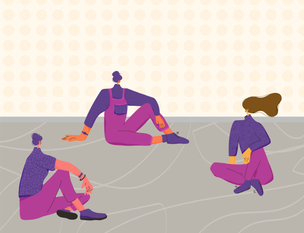 朋友们的会议。居家旅游。三个年轻女子坐在地板上。群体心理治疗的成人角色。穿着便服的女人们互相交谈。矢量插图。图片下载