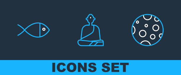 月亮，基督教的鱼和佛教僧侣的图标。向量图片下载