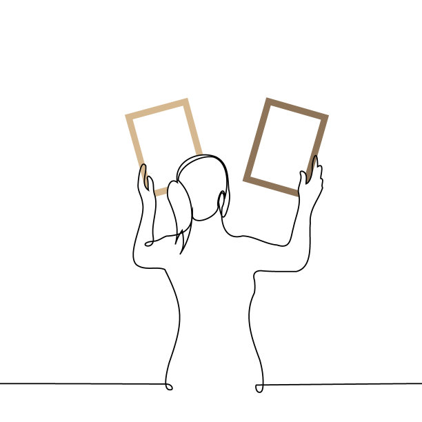 女人站着拿着一个相框在每一个手-一行艺术矢量。概念选择一个相框，照片或文凭证书挂在墙上图片下载