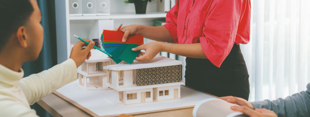 建筑师和设计师团队合作选择房子的颜色主题。斑叶。图片下载