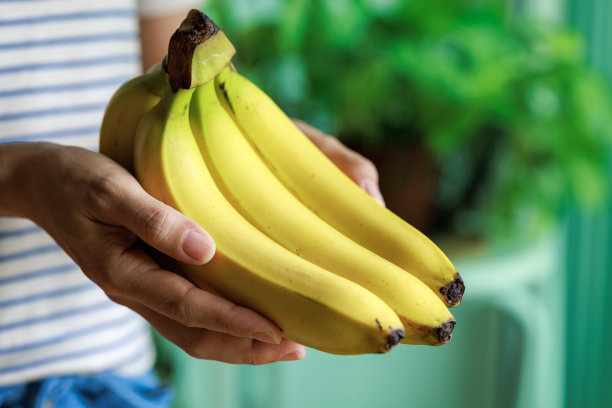 照片中，一名女子手持一串熟香蕉，露出了她的腹部。图片下载