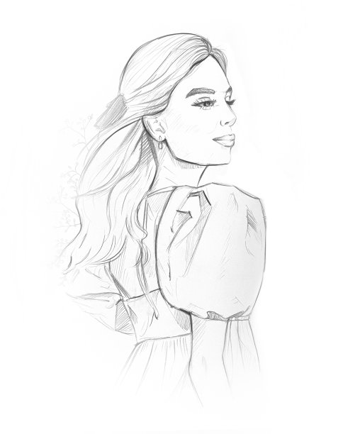 美丽的女孩。女孩草图。黑白时尚插画图片下载