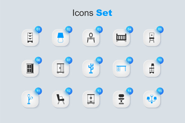 集合办公椅，衣柜，台灯，地板，吊灯，家具床头柜，抽屉柜和外套图标。向量图片下载