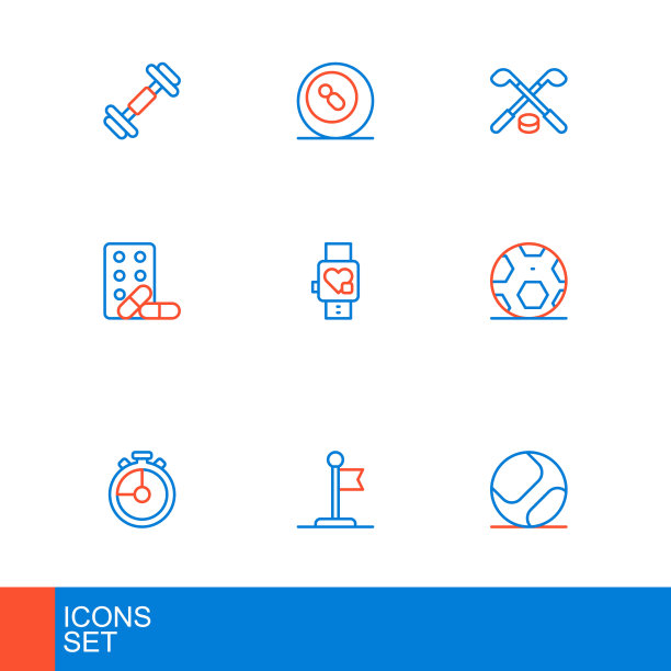 设置线棒球，国旗，秒表，足球，运动兴奋剂与哑铃，智能心脏，冰球棍和冰球和台球台球图标。向量图片下载