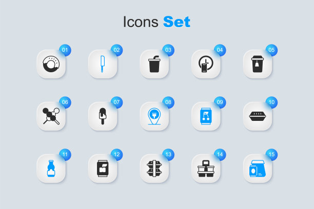 集咖啡杯去，冰淇淋，刀，酱汁瓶，在线订购食品，午餐盒，甜甜圈和咖啡馆和餐馆的位置图标。向量图片下载