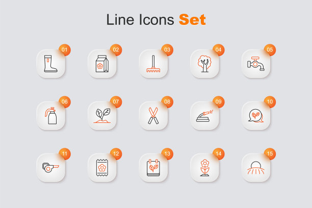 集线日出，花，日历与秋叶，包装充满种子，叶花园鼓风机，花园软管和园艺剪刀图标。向量图片下载