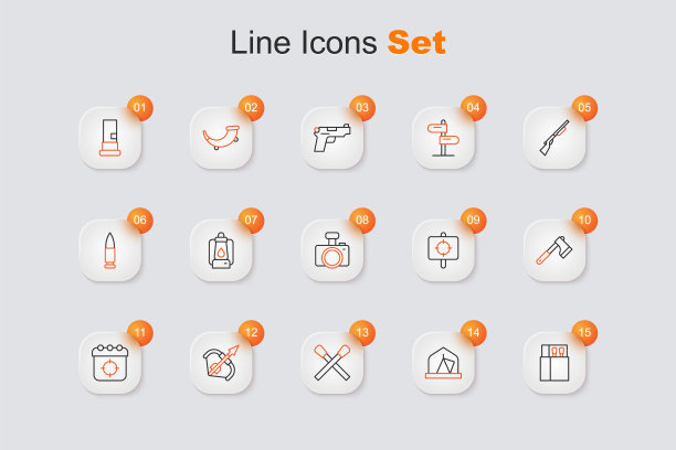 设置线打开火柴盒和火柴，旅游帐篷，燃烧与火，中世纪弓箭，目标运动，木斧，和照片相机图标。向量图片下载