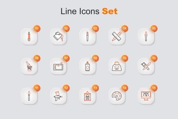 设置电脑设计程序，调色板，图片，喷漆枪，画笔，墨水瓶和图标。向量图片下载