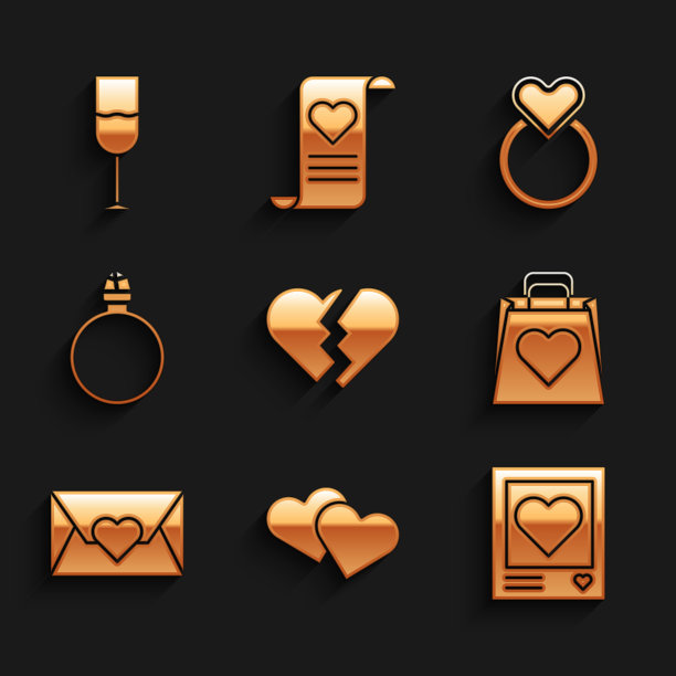 集破碎的心，心，相框和心，购物袋，信封情人节，钻石订婚戒指，结婚戒指和酒杯图标。向量图片下载