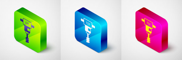 等距电动手动混凝土搅拌机图标孤立的灰色背景。手持式电动水泥搅拌机。方形按钮。向量图片下载