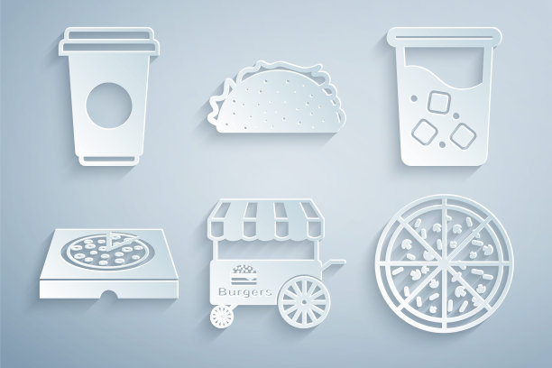设置快街食品车，玻璃与水，比萨饼在纸箱，墨西哥玉米薄饼和咖啡杯图标。向量图片下载