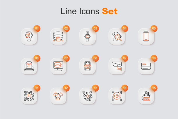 设置线机械机械手，区块链技术比特币，神经网络，地球带感叹号，信用卡，安全摄像头和计算机视觉图标。向量图片下载