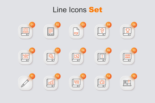 设置线打开书，相册画廊，书与数学，金融，铅笔橡皮擦，关于编程的书，和几何图标。向量图片下载