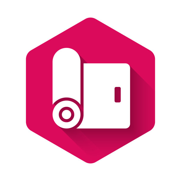 白色健身垫卷图标孤立的长阴影背景。瑜伽垫滚了。运动设备。粉红色六边形按钮。向量图片下载