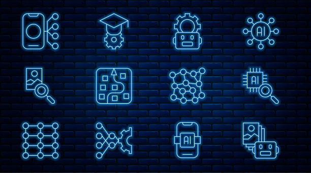 设置线人工智能机器人，处理器CPU，机器人设置，神经网络，照片修饰，毕业帽图标。向量图片下载