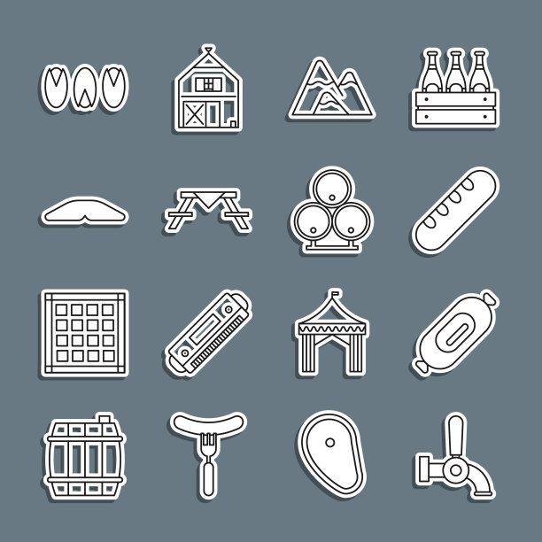 啤酒龙头，意大利腊肠，法国法棍面包，山脉，野餐桌与长凳，自制派，开心果和木桶图标。向量图片下载