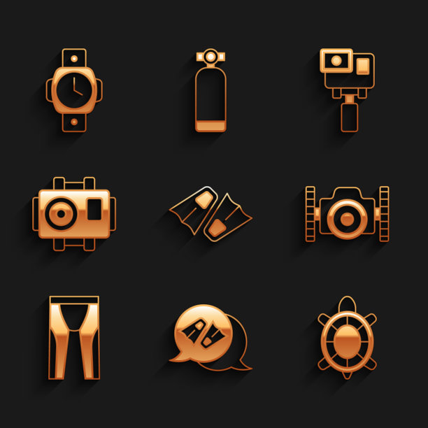 设置鳍游泳，海龟，照片相机潜水员，潜水服水肺潜水，动作极限和潜水手表图标。向量图片下载