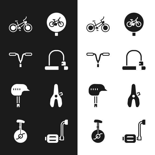 设置自行车锁，车把，头盔，座椅，踏板和独轮车或单轮自行车图标。向量图片下载