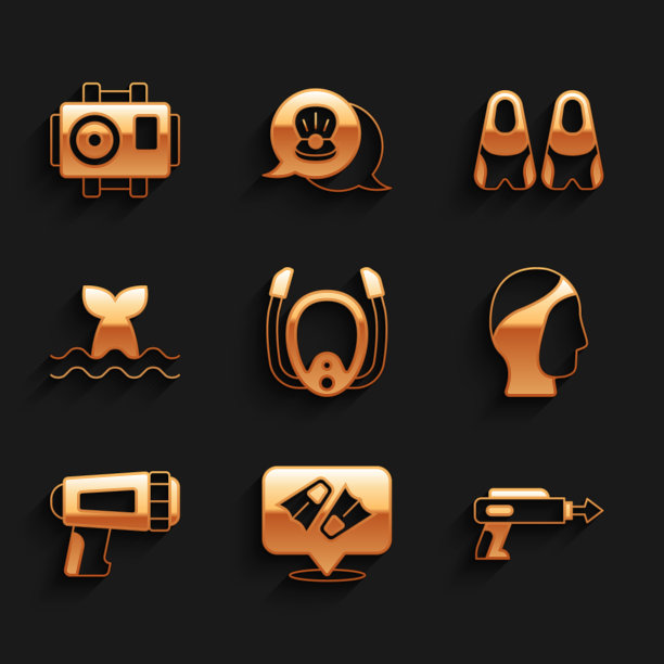 集潜水面罩与通气管，鳍游泳，鱼叉，兜帽，手电筒潜水员，鲸鱼尾巴，和照片相机图标。向量图片下载