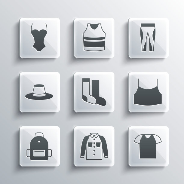 套装衬衫，t恤，女露脐上衣，袜子，学校背包，男子帽子，泳衣和打底裤图标。向量图片下载