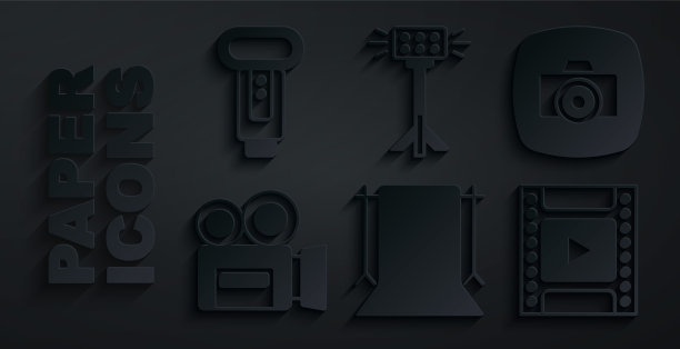 设置空的照片工作室，照片相机，复古电影院，相机胶卷墨盒，工作室灯泡软箱和闪光灯图标。向量图片下载