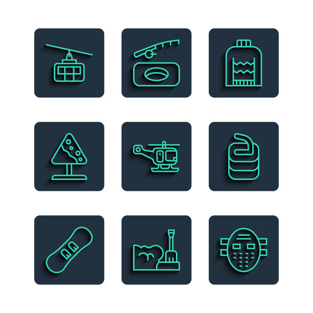 设线滑雪板，铲在雪堆，曲棍球面具，圣诞毛衣，救援直升机，道路标志雪崩，缆车和石的冰壶图标。向量图片下载