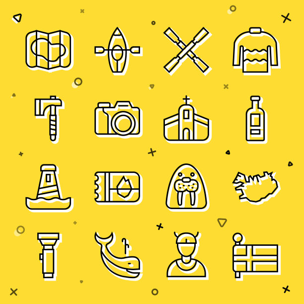 设线冰岛国旗，地图，伏特加酒瓶，桨或桨船，照相机，木斧，和教堂建筑图标。向量图片下载