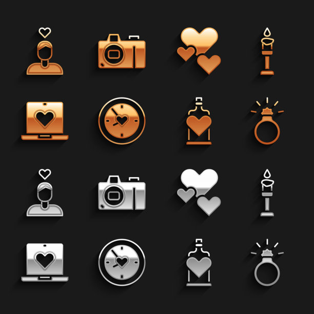 设置时钟与心脏，燃烧的蜡烛，钻石订婚戒指，瓶子爱情药水，在线约会应用程序，心脏，情侣和照片相机图标。向量图片下载