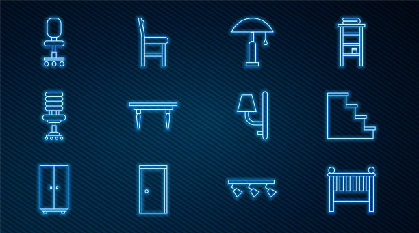 集线婴儿床摇篮床，楼梯，台灯，木桌，办公椅，壁灯和椅子图标。向量图片下载