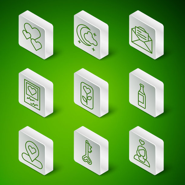 集线情侣在爱，关键心形，心，花玫瑰，相框和心，月亮星星，位置与酒瓶图标。向量图片下载