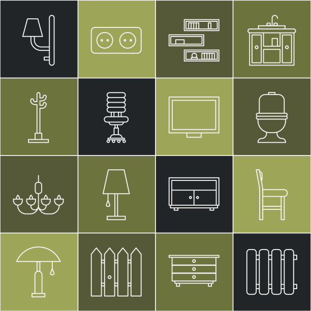 集线暖气片，椅子，马桶，书架与书籍，办公椅，大衣架，壁灯和相框表图标。向量图片下载
