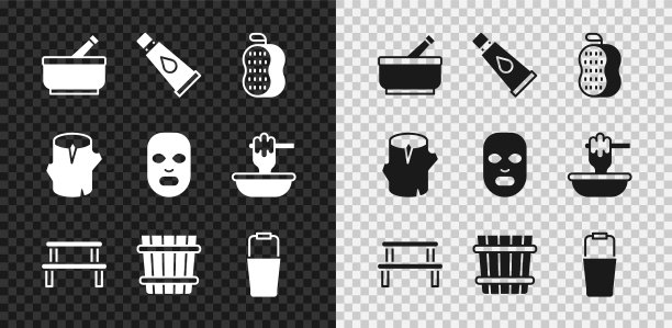 设置臼和杵，面霜乳液化妆品管，毛巾，桑拿木凳，桶，原木和面膜图标。向量图片下载