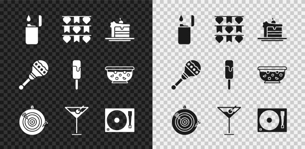 集打火机，嘉年华花环与旗帜，蛋糕，经典飞镖板箭头，马提尼杯，乙烯基播放器乙烯基磁盘，沙球和冰淇淋图标。向量图片下载
