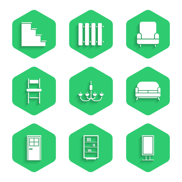 集吊灯，图书馆书架，大全长镜子，沙发，关门，椅子，扶手椅和楼梯图标。向量图片下载