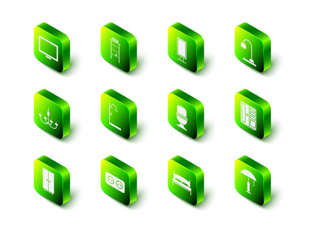 设置浴室架与架子毛巾，大全长镜子，台灯，衣柜，马桶，床和电源插座图标。向量图片下载