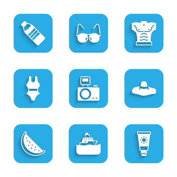 集相机闪光灯，邮轮，防晒霜在管，优雅的妇女帽子，西瓜，泳衣，健美运动员的肌肉和一瓶水的图标。向量图片下载