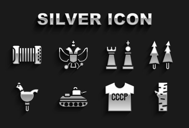 集军用坦克，圣诞树，桦树，苏联t恤，公鸡棒棒糖，国际象棋，手风琴和国徽的俄罗斯图标。向量图片下载